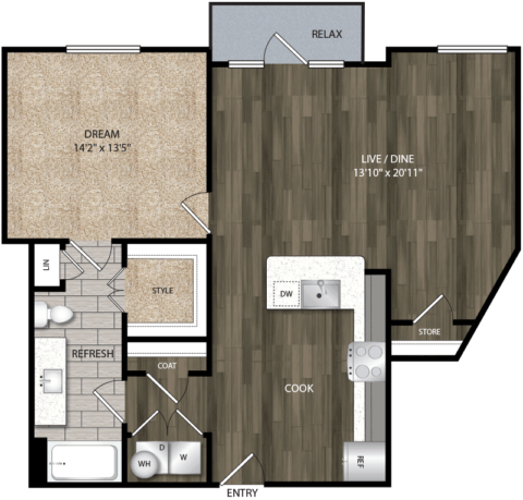 A10 floor plan, 957 square feet, 1 bed, 1 bath