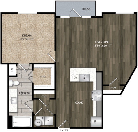 A10 floor plan, 957 square feet, 1 bed, 1 bath