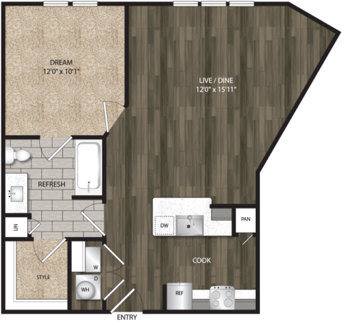 A1B floor plan, 748 square feet, 1 bed, 1 bath
