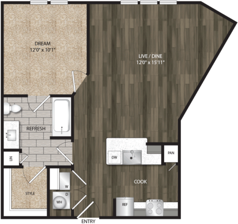 A1B floor plan, 748 square feet, 1 bed, 1 bath