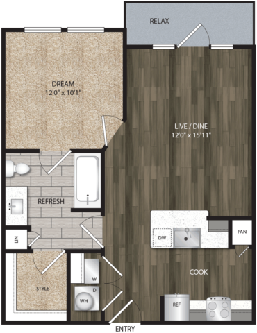 A1 floor plan, 652-696 square feet, 1 bed, 1 bath