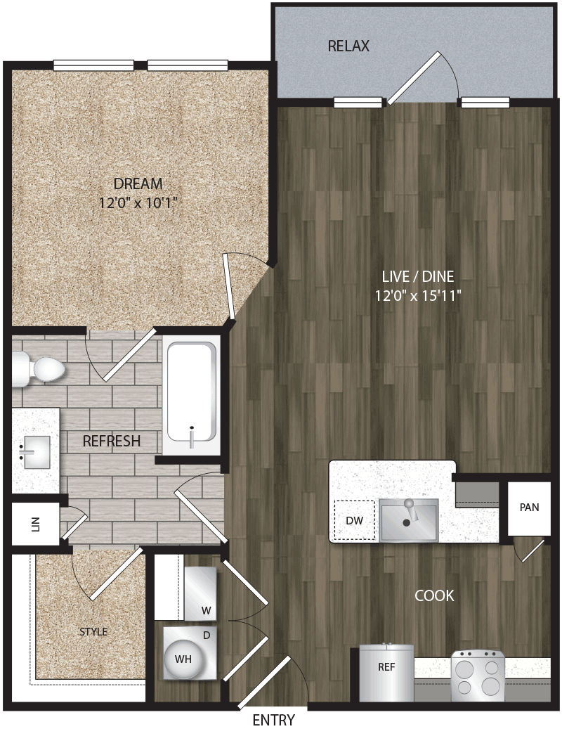 A1 floor plan, 652-696 square feet, 1 bed, 1 bath