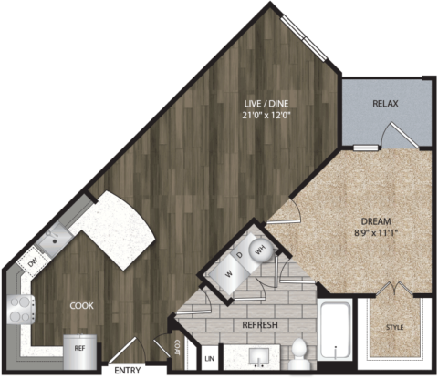 A2 floor plan, 720 square feet, 1 bed, 1 bath