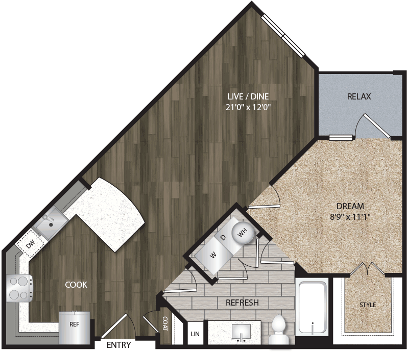A2 floor plan, 720 square feet, 1 bed, 1 bath