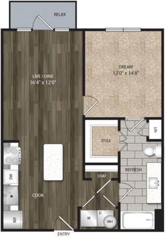 A3 floor plan, 744-792 square feet, 1 bed, 1 bath