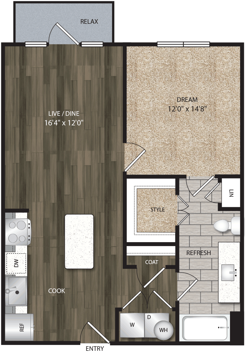 A3 floor plan, 744-792 square feet, 1 bed, 1 bath
