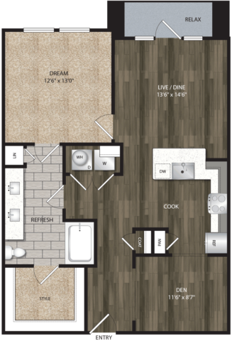 A4 floor plan, 910-1022 square feet, 1 bed, 1 bath