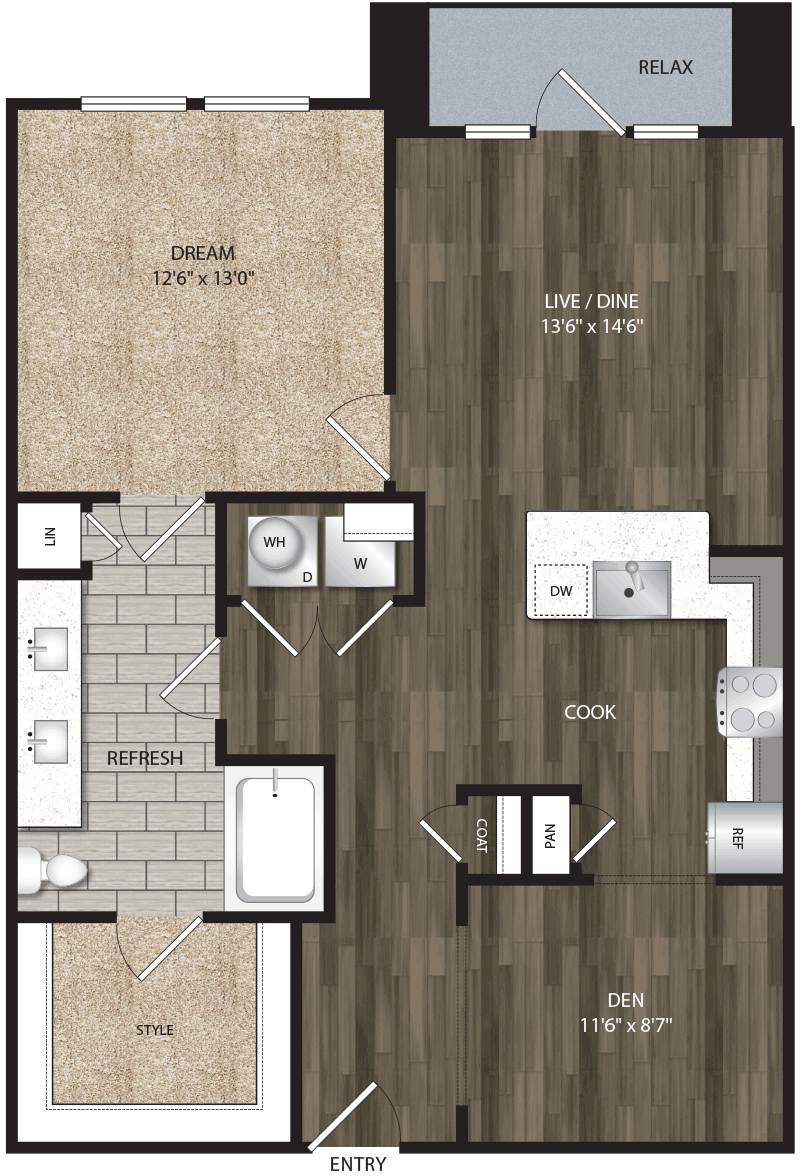 A4 floor plan, 910-1022 square feet, 1 bed, 1 bath