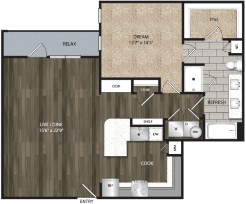 A5 floor plan, 992-1091 square feet, 1 bed, 1 bath