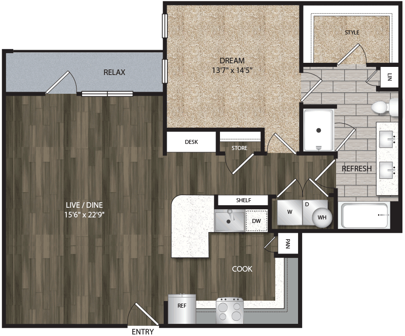 A5 floor plan, 992-1091 square feet, 1 bed, 1 bath