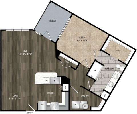 A6 floor plan, 967 square feet, 1 bed, 1 bath