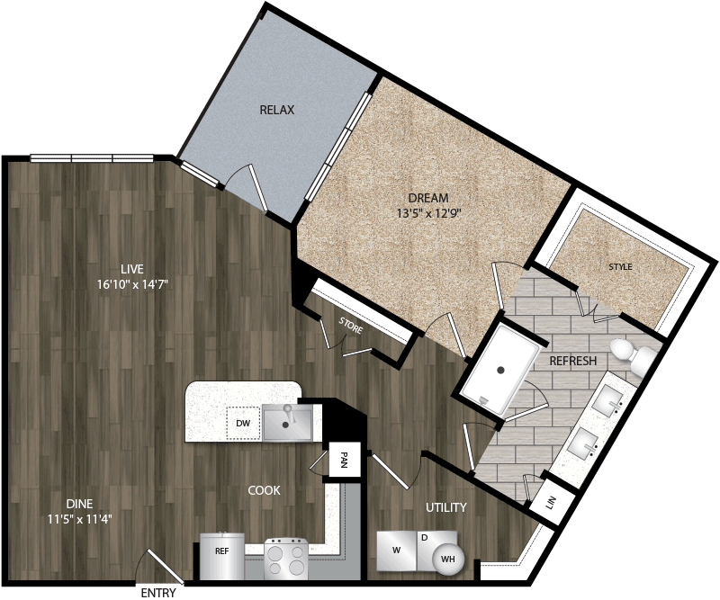 A6 floor plan, 967 square feet, 1 bed, 1 bath