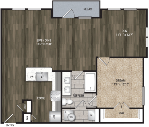 A7 floor plan, 954-1154 square feet, 1 bed, 1 bath