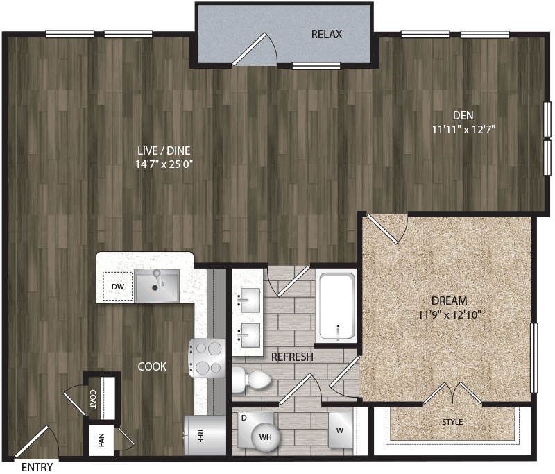 A7 floor plan, 954-1154 square feet, 1 bed, 1 bath