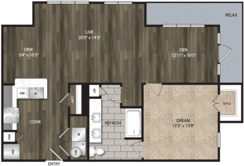 A8 floor plan, 1026 square feet, 1 bed, 1 bath