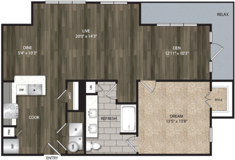 A8 floor plan, 1026 square feet, 1 bed, 1 bath