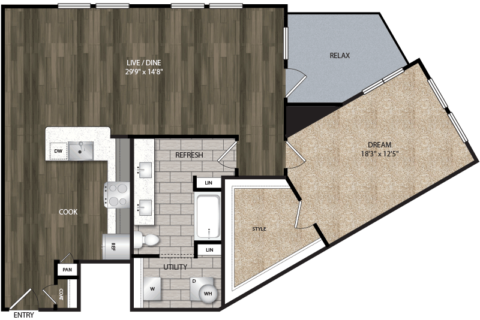 A9 floor plan, 1162-1246 square feet, 1 bed, 1 bath