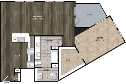 A9 floor plan, 1162-1246 square feet, 1 bed, 1 bath