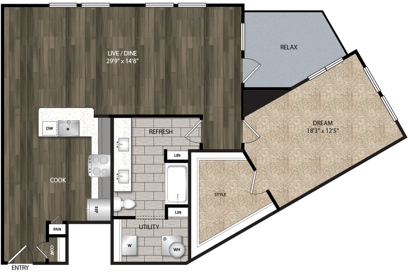 A9 floor plan, 1162-1246 square feet, 1 bed, 1 bath