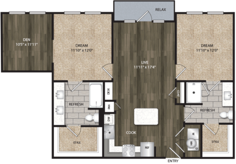 B1B floor plan, 1103-1145 square feet, 2 bed, 2 bath