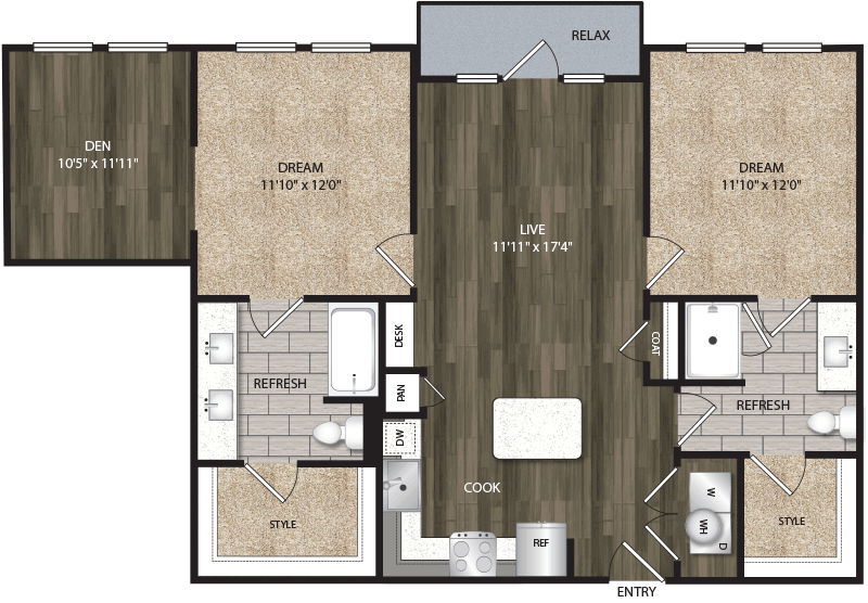 B1B floor plan, 1103-1145 square feet, 2 bed, 2 bath