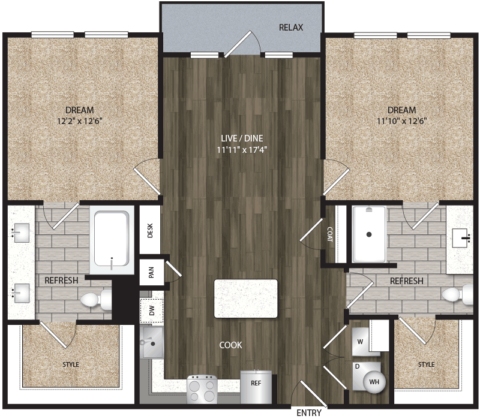 B1 floor plan, 988-1075 square feet, 2 bed, 2 bath