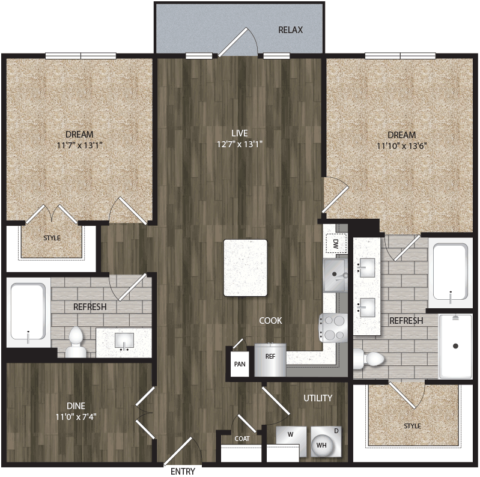 B2 floor plan, 1116-1176 square feet, 2 bed, 2 bath