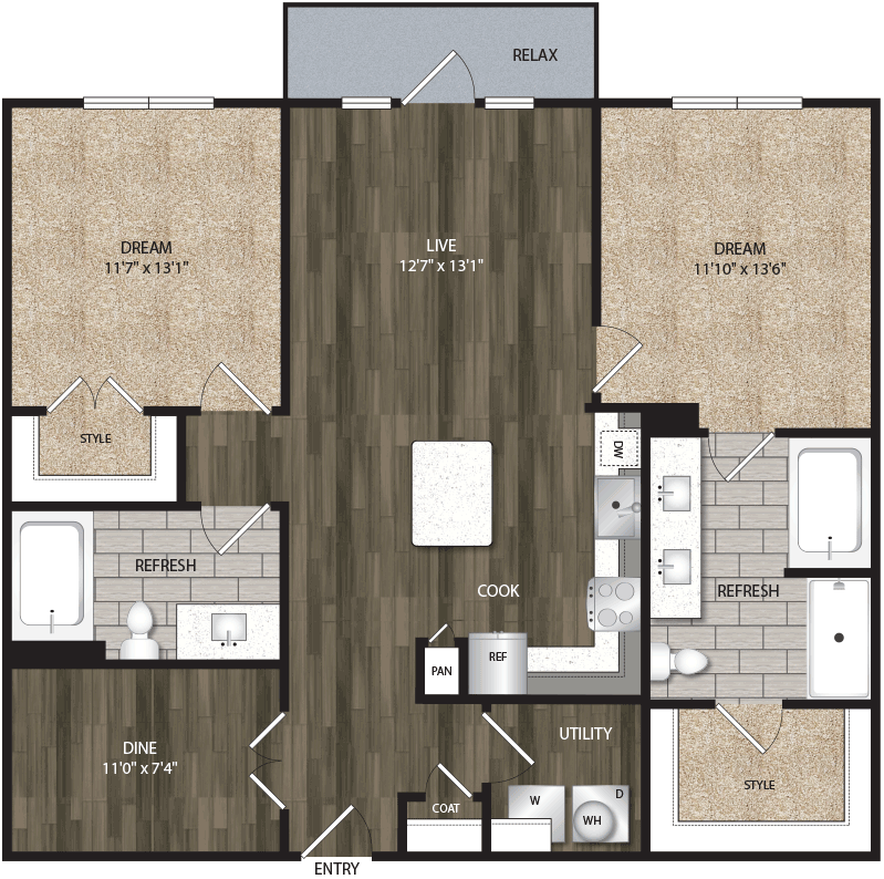 B2 floor plan, 1116-1176 square feet, 2 bed, 2 bath