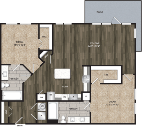 B3 floor plan, 1188-1302 square feet, 2 bed, 2 bath