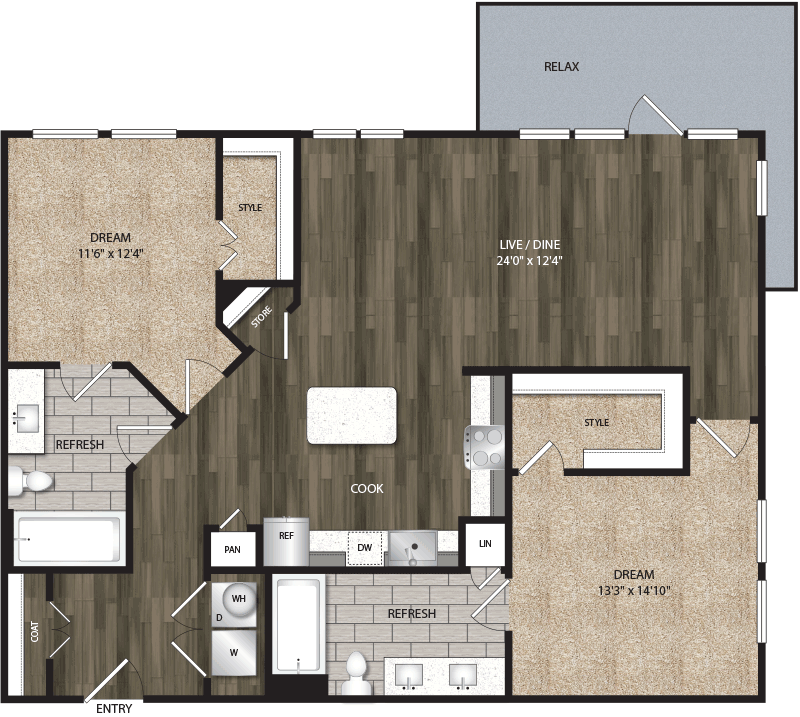 B3 floor plan, 1188-1302 square feet, 2 bed, 2 bath