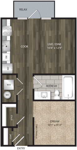 E1 floor plan, 540-576 square feet, studio and 1 bath