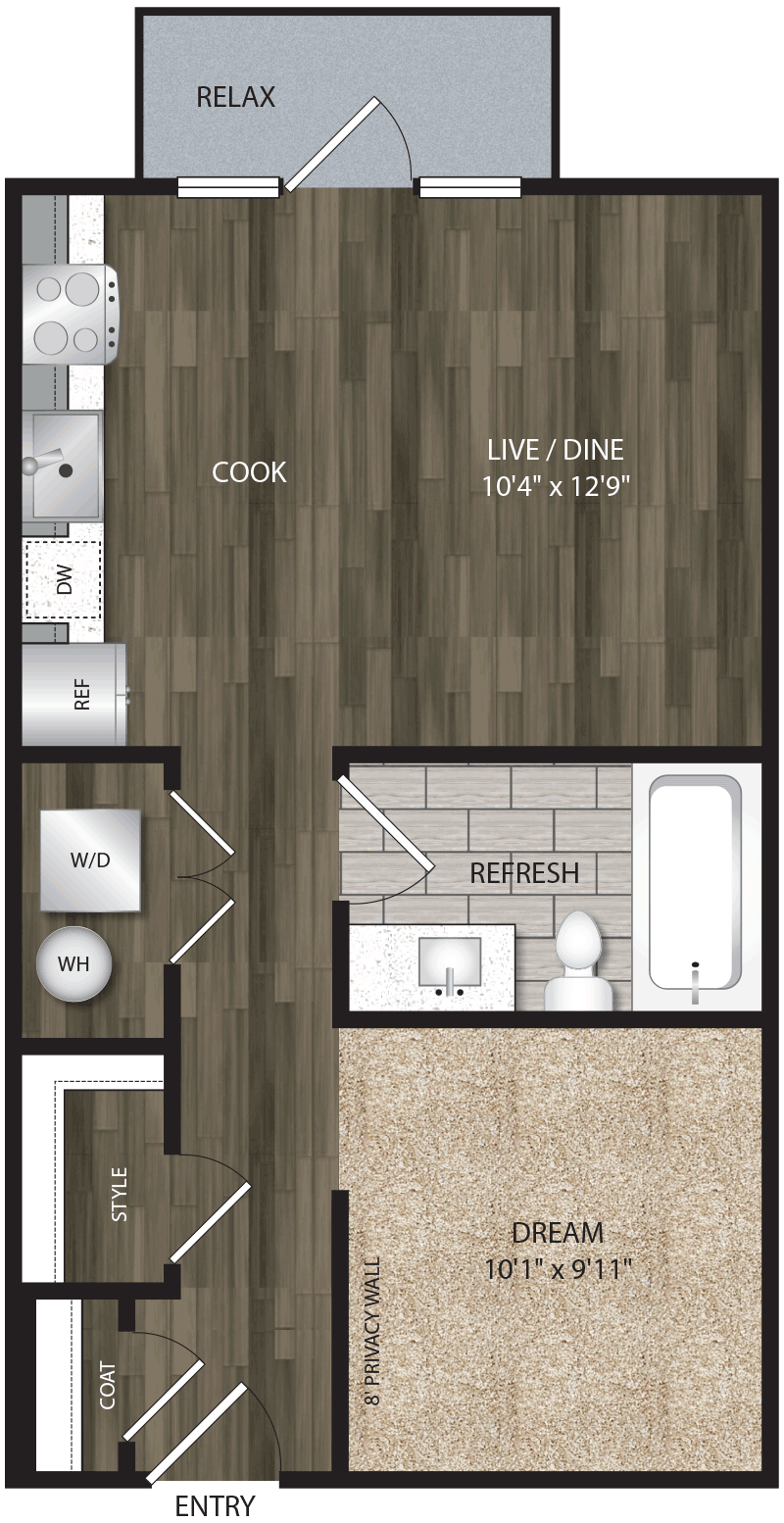E1 floor plan, 540-576 square feet, studio and 1 bath