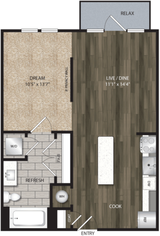 E2 floor plan, 616 square feet studio, 1 bath