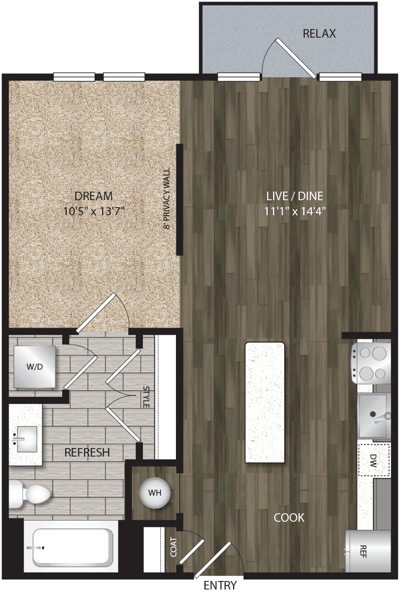 E2 floor plan, 616 square feet studio, 1 bath