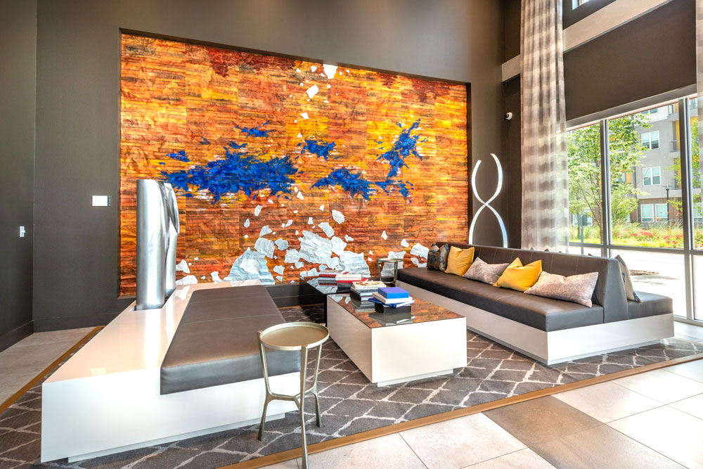Lobby seating area with modern art and modern furniture